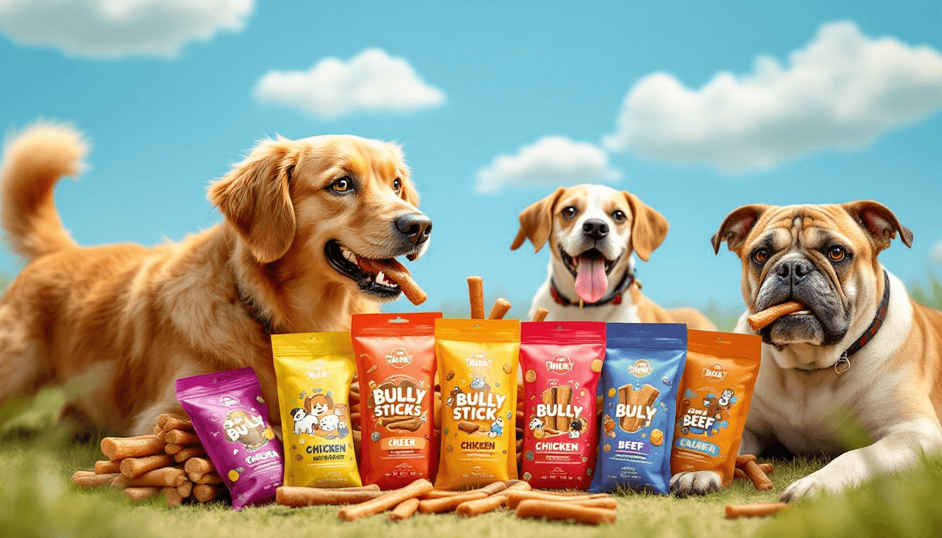 A selection of flavored bully sticks in colorful packaging.