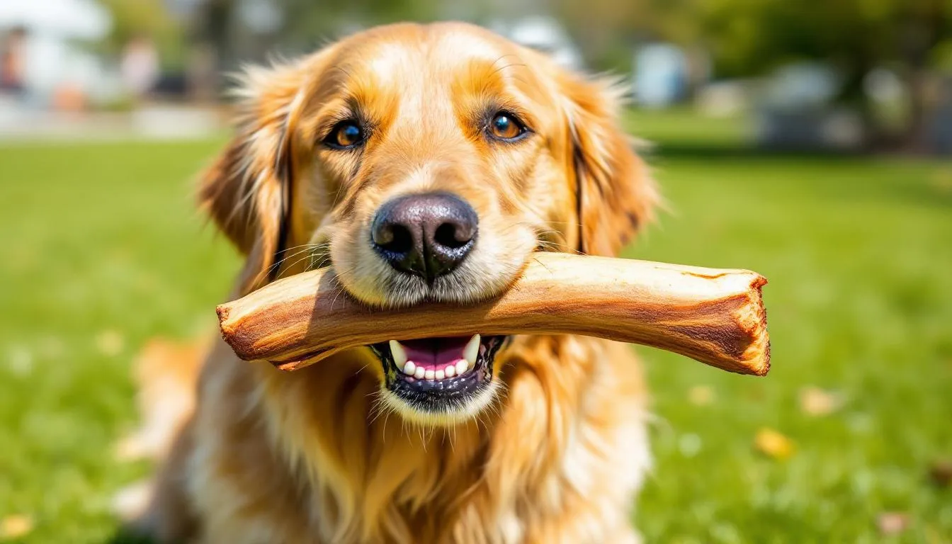 A happy golden retriever is outdoors, enthusiastically chewing on a thick bully stick, which is a natural dog chew that caters to the dog's chewing needs. This long-lasting chew not only satisfies the dog's natural urge to chew but also supports their dental health by reducing plaque and tartar buildup.