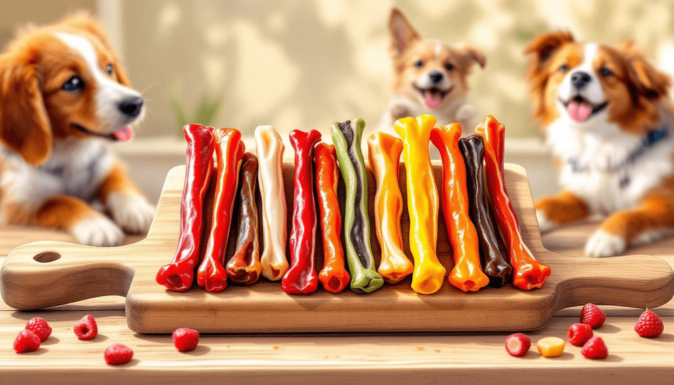 A variety of bully sticks displayed on a wooden surface.